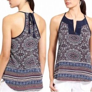 Athleta Boho Halter Tank Top Small Navy Red Paisley Tassel Back Festival Summer